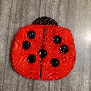Lady Bug Beaded Zipper Coin Purse Red & Black